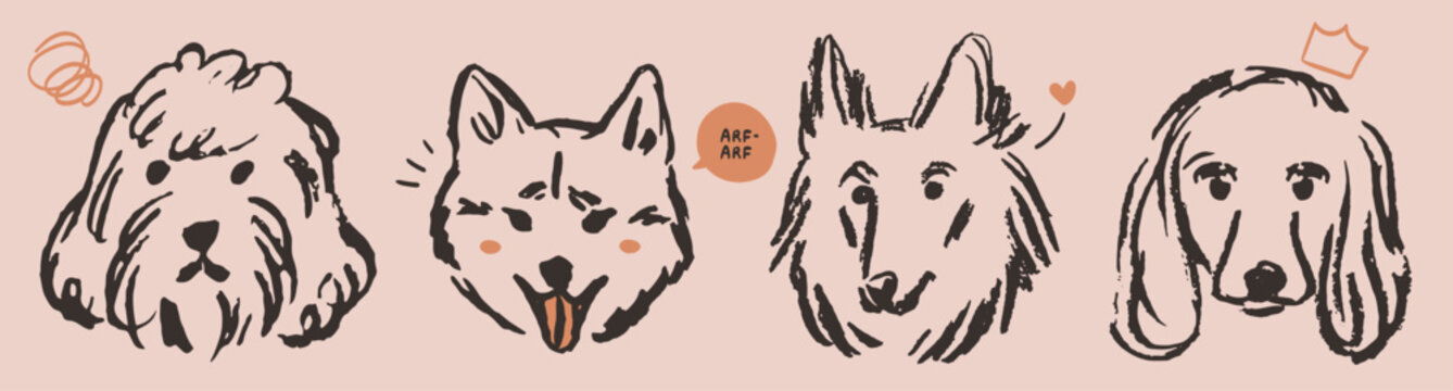 Chalk or charcoal style dog drawings. Hand drawn puppy sketch wall art. Wax crayon grunge funny whimsical cute fluffy illustrations for tshirt print, placard, poster or isolated doodle stickers.