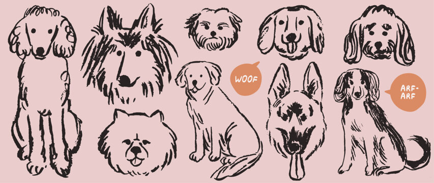 Scribble chalk or charcoal style dogs drawing. Hand drawn rough puppy sketches. Wax crayon grunge funny whimsical cute illustrations for t-shirt print, placard, poster or isolated doodle stickers.