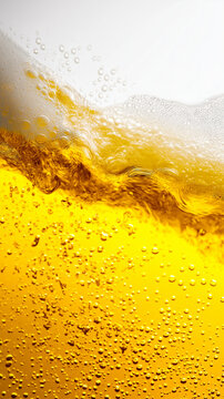 Beer foam bubble, golden beer liquid, carbonated drink macro, cold beverage refreshment closeup, froth swirl dynamic wave