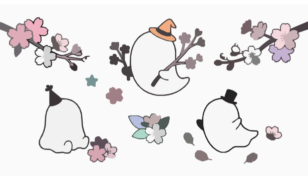 Adorable ghost character vector set with blossom flowers for cute Halloween design