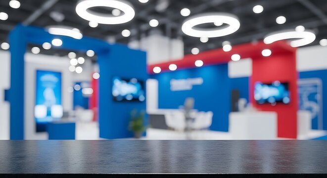 Empty tabletop surface with a blurred exhibition hall background featuring circular lights and colorful booths. Sharp focus on the textured desk. Ideal for product mockup and branding design.