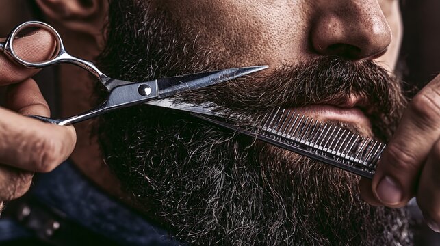 Barbershop beard trim on a handsome man with a full dark beard. Barber's scissors and comb trimming beard hair.
