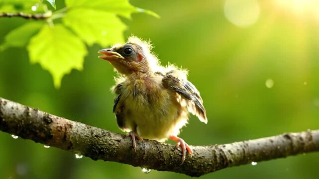 Baby bird in the rain perches on branch and opens its beak with wings outstretched towards the sun