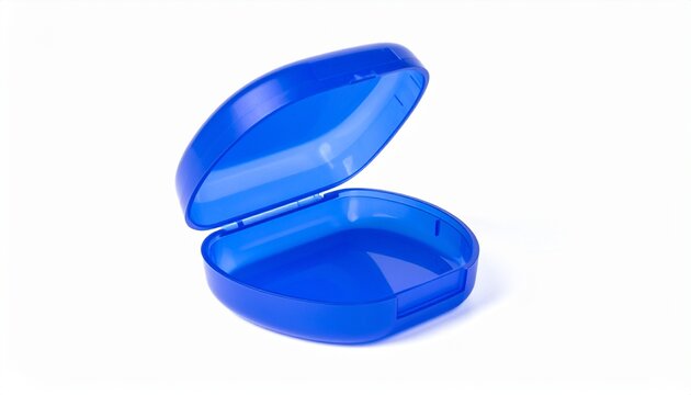 Retainer case in translucent blue. isolated on white background, studio lighting, high resolution, sharp focus, professional commercial photography.

