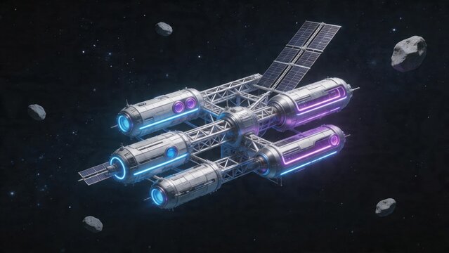 Space station in orbit with asteroids