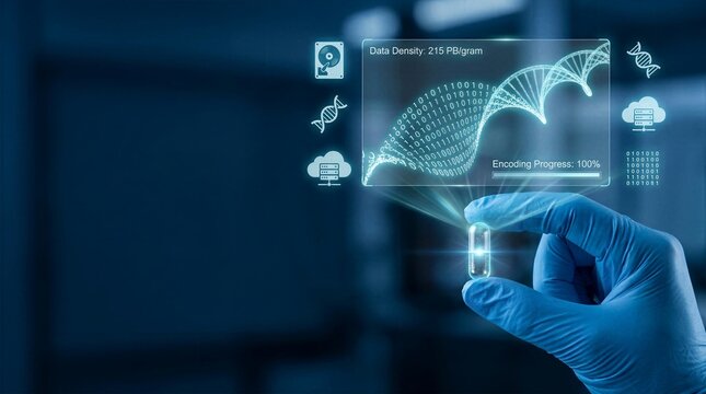 Futuristic DNA data storage capsule with holographic binary code and genome encoding display.