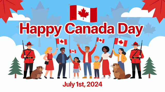 Happy Canada Day celebration with diverse people, Mounties, beavers, and Canadian flags under a blue sky with maple leaves.