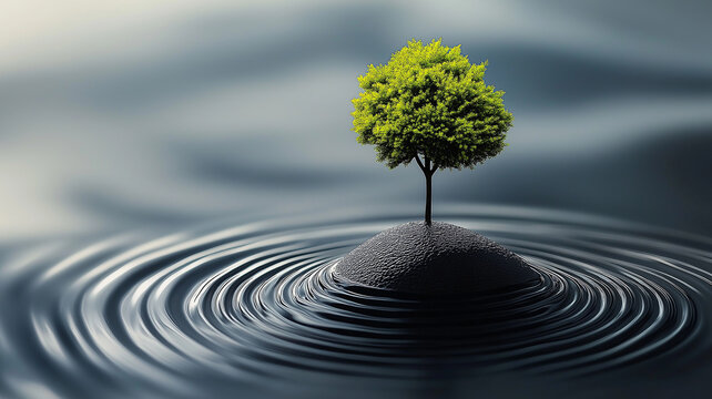 Tree island water ripple wave nature tranquility reflection minimalist solitude calm landscape with small tree stone island