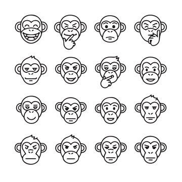 Collection of simple monkey face icons with various expressions in a clean line art style on white