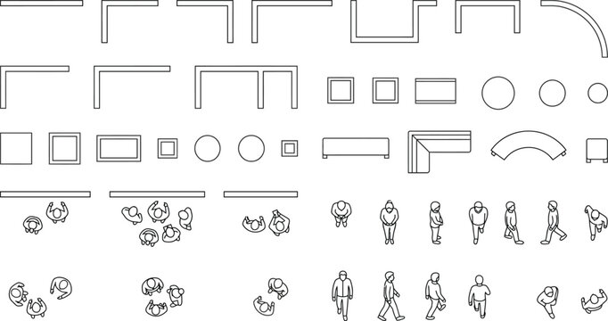 Modular furniture CAD vector set, top view seating symbols with sofas, L-shape and curved layouts, tables, geometric blocks and people figures for architectural space planning and floor design
