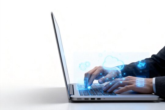 Person typing on laptop with digital icons