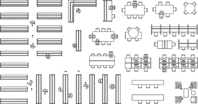 Restaurant seating CAD vector set, hospitality floor plan symbols with tables, booths, banquettes, bar counters, stools and dining layouts for cafe, bistro and food service space planning