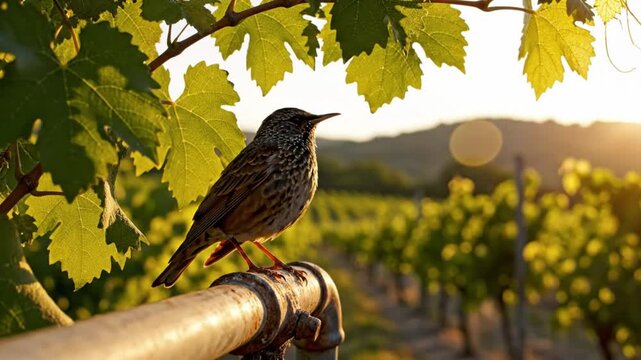 European starling perched on a metal pipe sings with a vineyard background during golden hour at sunrise