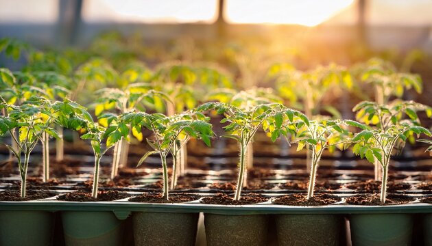close up of green tomato plant seedlings growing in soil in pots ready to be planted in greenhouse in sunlight
