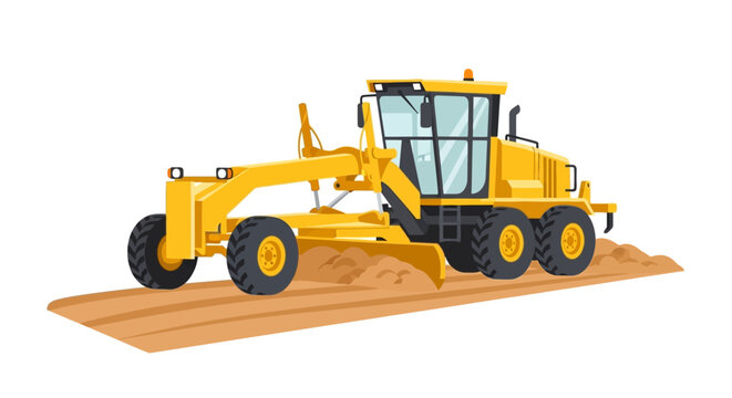 Yellow Motor Grader Vector Illustration - Industrial Heavy Machinery for Road Construction and Land Leveling Isolated on White