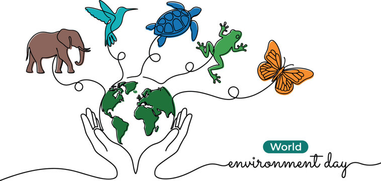 World Environment Day continuous line art hands holding earth with wildlife for biodiversity conservation awareness, transparent background