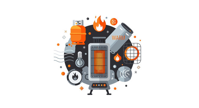 Flat Illustration of Home Heating Equipment, Portable Gas Heater, Propane Tank, and Temperature Icons for Winter Energy and Comfort Concepts