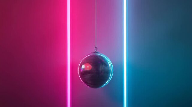 A disco ball spins and reflects light across walls as colorful laser beams create patterns in a party setting. The atmosphere is lively with music in the background