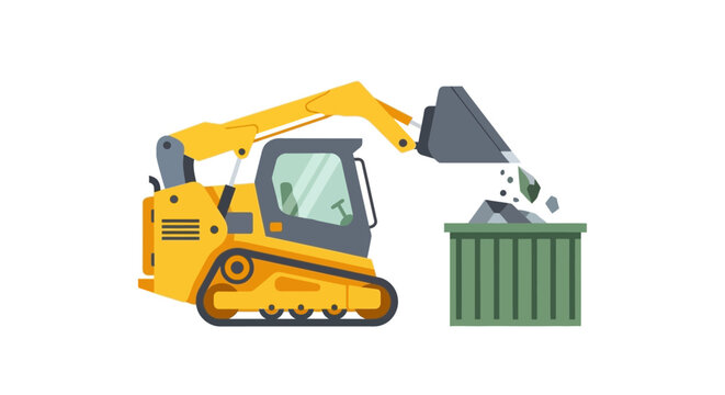 Yellow Skid Steer Loader with Excavator Arm Dumping Debris into a Green Dumpster - Vector Illustration of Construction Machinery and Waste Management