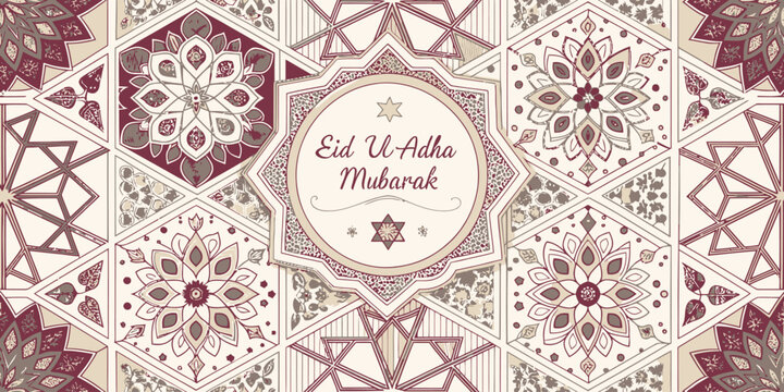 Decorative eid ul adha mubarak greeting card illustration with traditional islamic geometric patterns and floral mandalas middle east celebration greeting geometric ornament decorative festival