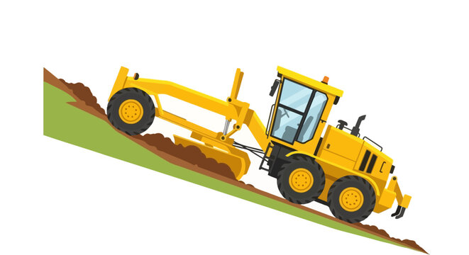 Yellow Motor Grader Working on Hillside Slope Vector Illustration - Heavy Construction Machinery for Road Building and Earthmoving