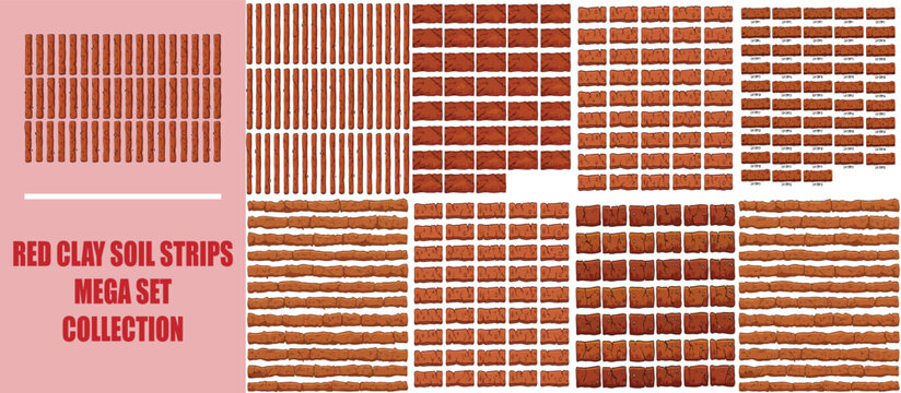 Red clay soil strips mega set collection, terracotta brick texture patterns, earthy brown dirt ground elements, rustic construction material vector