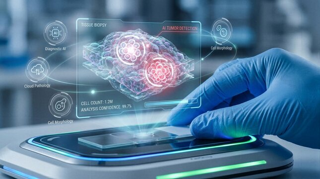 AI tumor detection hologram over tissue biopsy slide in futuristic medical pathology laboratory.