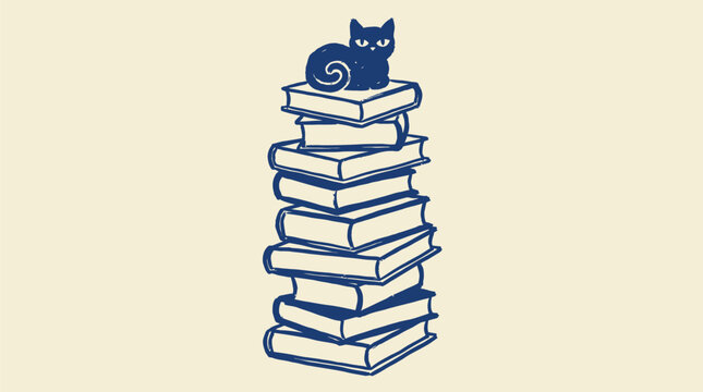 Cute cat sitting on a stack of books illustration for literary merchandise, bookshop branding, reading culture gifts, and library themed design projects