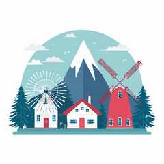 Obraz premium Flat Illustration of Dutch Countryside with Windmills and Mountains