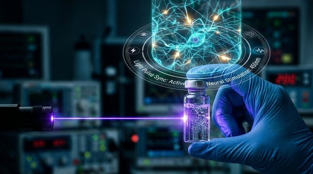Optogenetics research with laser stimulating neural network hologram over glass vial in tech lab.