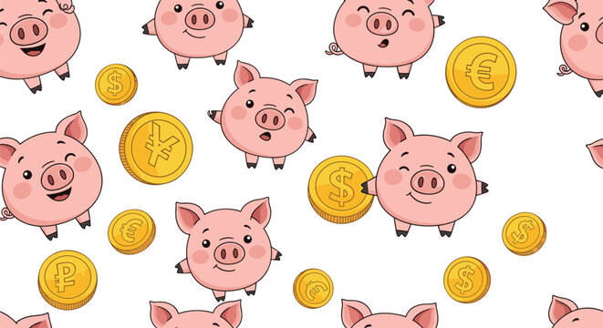Cute cartoon pigs and various golden currency coins create a fun seamless pattern representing savings and financial prosperity.