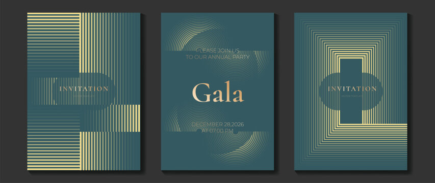 Luxury gold geometric invitation card template set vector. Elegant gala event party design with line frame, abstract sparkle pattern, gray background, premium wedding and celebration layout