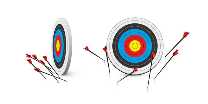 Archery target arrows set. Archery target with concentric color rings on white background, multiple arrows embedded, side and front views. Minimal realistic vector illustration.