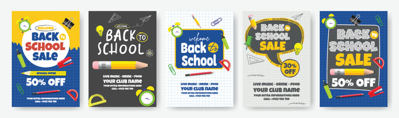 Welcome back to school party flyer poster templates bundle with school supplies on colorful backgrounds perfect for inviting students to celebration, school admission, online learning, enrollment pack © Nusrat