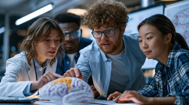 Neuroscience lab multicultural group of graduate researchers gathered around a 3D-printed brain hemisphere model pointing at prefrontal cortex, bright overhead fluorescents, whiteboards covered in c