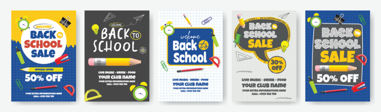Welcome back to school party flyer poster templates bundle with school supplies on colorful backgrounds perfect for inviting students to celebration, school admission, online learning, enrollment pack