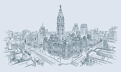 Old Building In Philadelphia. Vector line art of a vintage building City. © Avartde