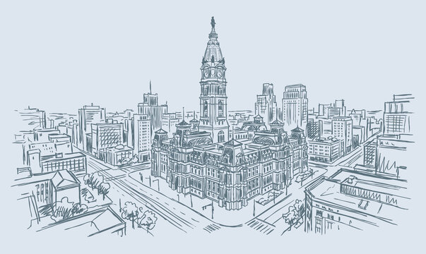 Old Building In Philadelphia. Vector line art of a vintage building City.