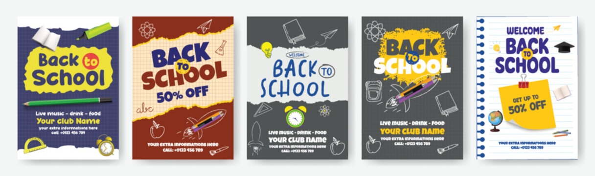 Set of Back to School A4 flyer and poster template bundle for school admission online learning celebration party sale offer brochure cover modern editable print ready vector marketing pack