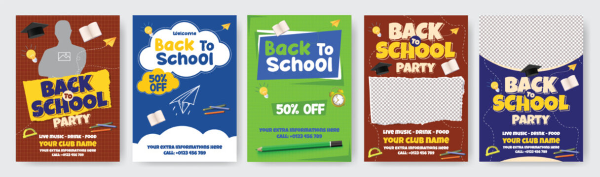 Modern Back to School A4 flyer poster template bundle for school admission enrollment online learning celebration party sale offer brochure cover print ready vector marketing pack design set