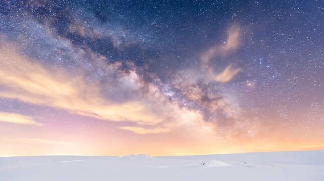 A breathtaking winter landscape under a vibrant starry night sky with the milky way visible in shades of purple, pink, and orange hues