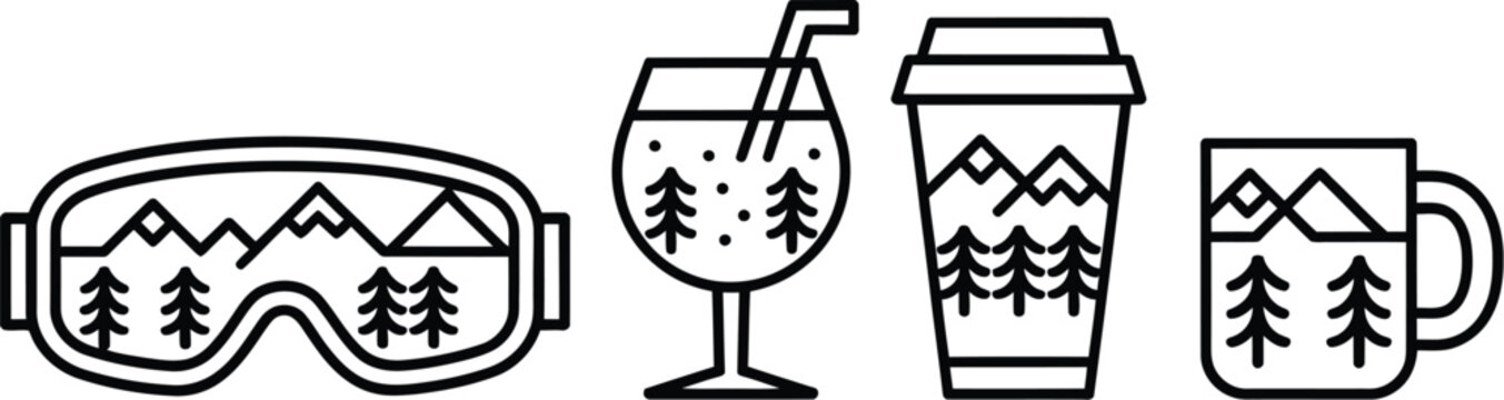 Apr&egrave;s, ski themed drinks and coffee shop aesthetic illustration set featuring outline drawings of girls cocktail party scenes, mountain chalet cabin lodge bar elements, and cozy vintage tea cup clipar