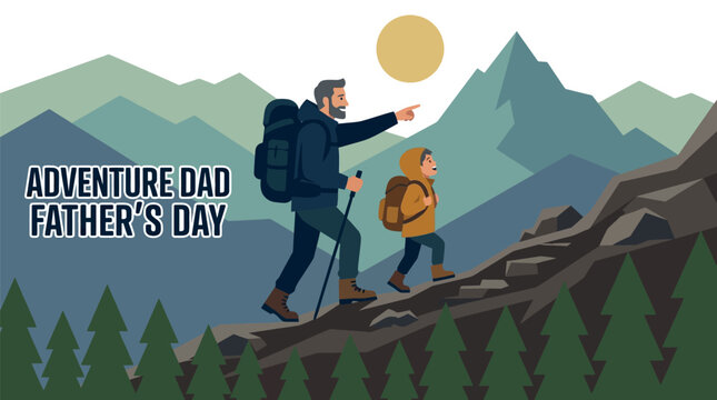 Father and child hiking mountain trail on Father's Day celebrating outdoor adventure, family bonding, and active parenting for holiday gifting and social media