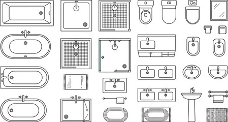 Bathroom Fixtures CAD Vector Set, Top-View Sanitary Ware Symbols with Bathtubs, Showers, Toilets, Sinks, Vanities and Bathroom Layout Elements for Architectural Floor Plan Design © PrimePixel Co