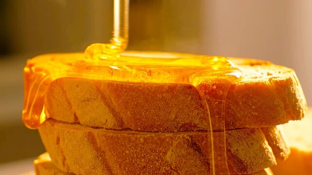 Golden honey streams gracefully onto freshly baked, rustic bread slices, creating a visually appealing and wholesome breakfast scene, promising a sweet and energetic start to the day