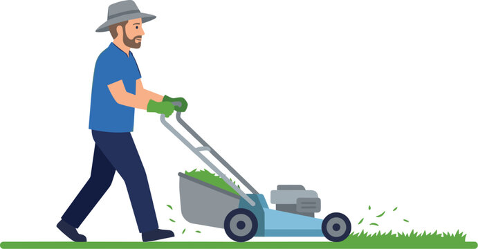 Professional gardener mowing lawn with push lawnmower in flat cartoon style isolated gardening maintenance vector illustration