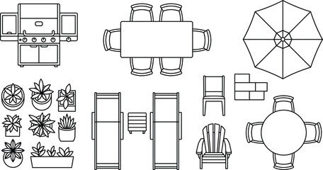 Outdoor Patio, Terrace and Garden CAD Vector Symbol Set, Top View Architectural Furniture Icons with BBQ Grill, Dining Tables, Sun Loungers, Umbrella Seating, Plants and Landscape Layout Elements © PrimePixel Co