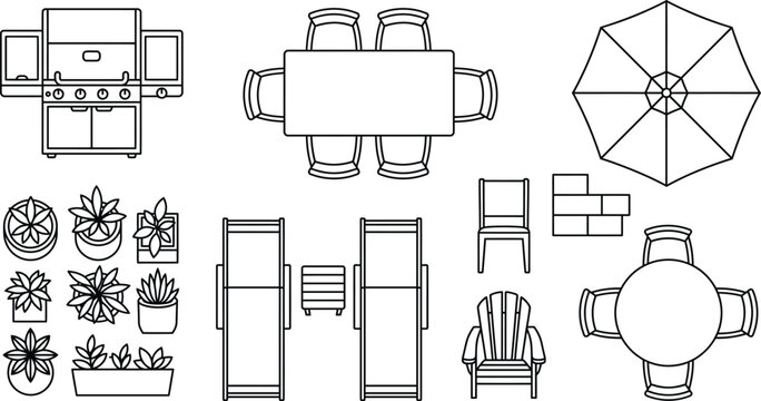 Outdoor Patio, Terrace and Garden CAD Vector Symbol Set, Top View Architectural Furniture Icons with BBQ Grill, Dining Tables, Sun Loungers, Umbrella Seating, Plants and Landscape Layout Elements