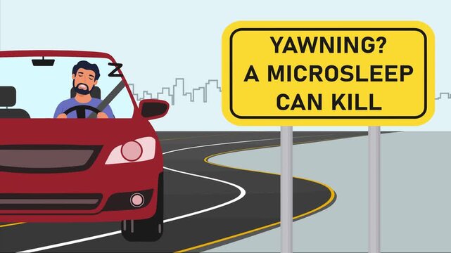 A sleepy and tired driver on a trip. Road sign warning of the dangers of microsleep. Microsleep when driving.