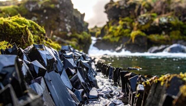 Jagged volcanic obsidian shards arranged in a cinematic dam formation within a small flowing stream, capturing the raw contrast of dark igneous rocks against the refreshing mountain water flow.